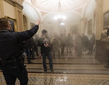 Smoke fills the walkway outside the Senate Chamber as rioters are confronted by U.S. Capitol Police officers inside the Capitol
