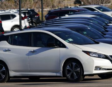 A line of Leaf electric vehicles sits at a Nissan dealership