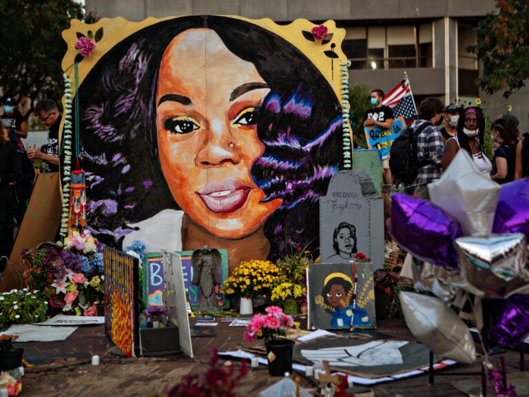 A makeshift memorial in downtown Louisville, Ky., for Breonna Taylor in September 2020. Taylor was killed a year ago in her home during a botched narcotics raid carried out by Louisville police.