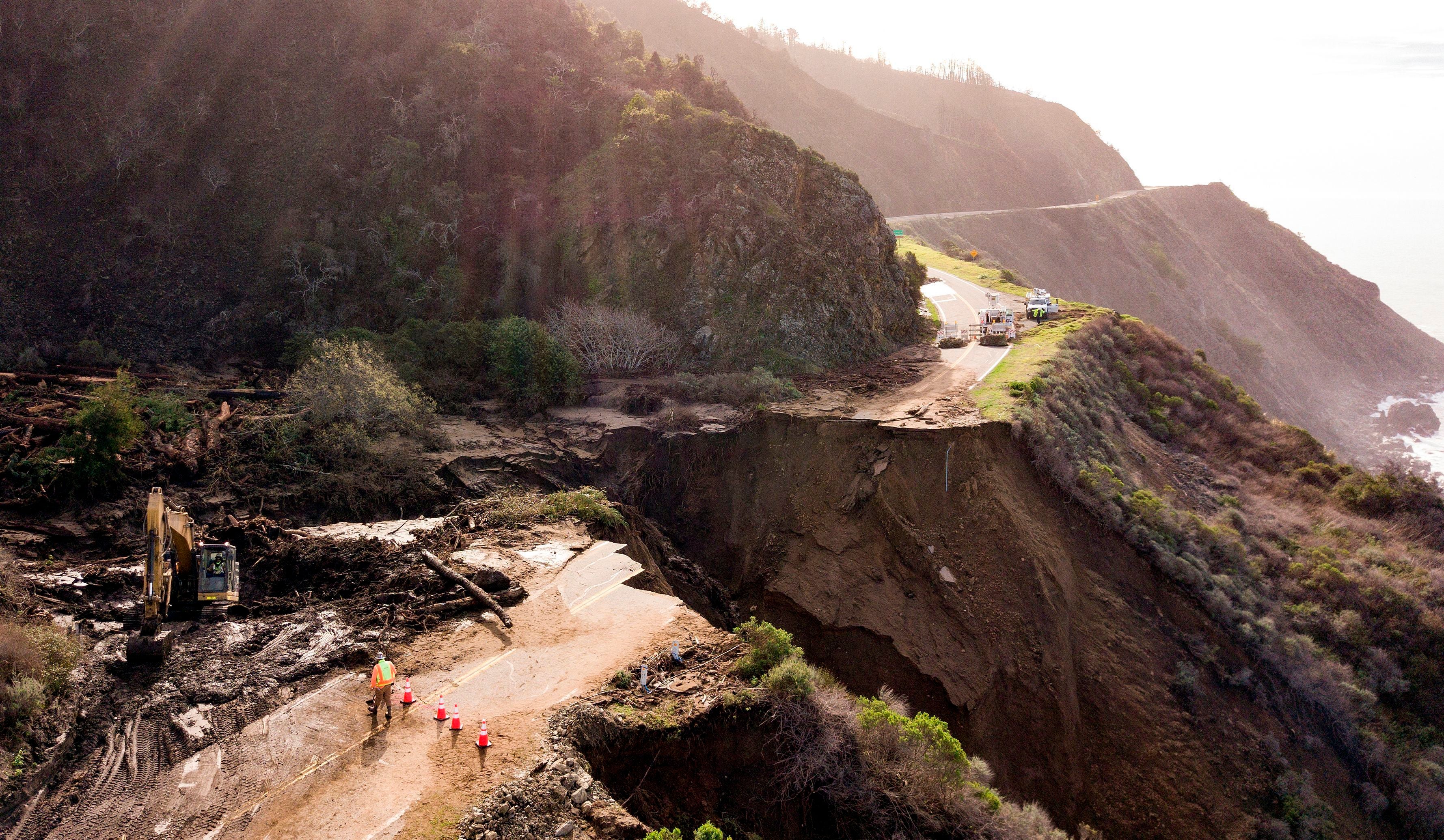 Construction crews work on a section of Highway 1, which collapsed into the Pacific Ocean near Big Sur, Calif., on Jan. 31.