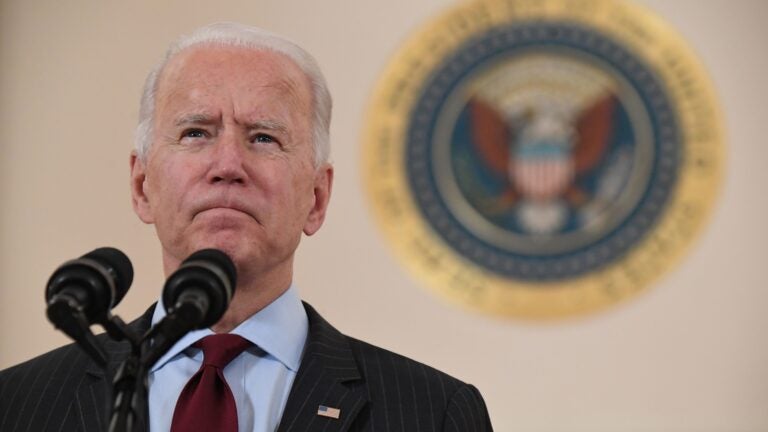 President Biden, pictured on Feb. 22, is giving an address Thursday as the country marks one year of the coronavirus pandemic. (Saul Loeb/AFP via Getty Images)