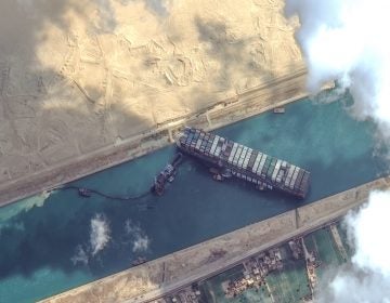 High-resolution satellite imagery shows the Suez Canal and the container ship Ever Given that remains stuck north of the city of Suez, Egypt. ScapeWare3d/DigitalGlobe/Getty Images