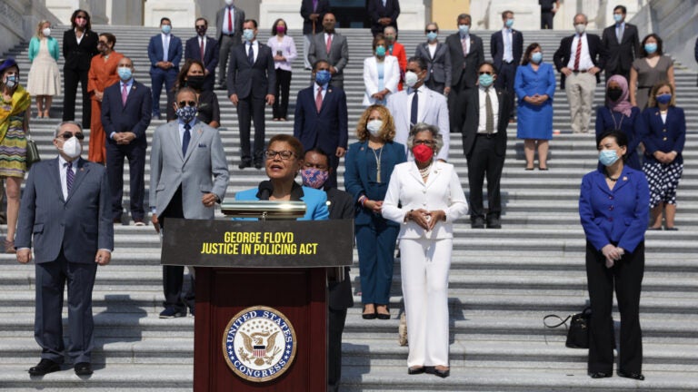Rep. Karen Bass speaks during an event on police reform