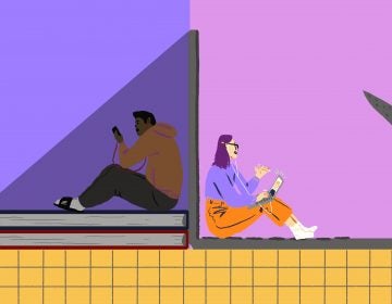 An illustration of students sitting on opposite sides of a laptop, looking at their phones.