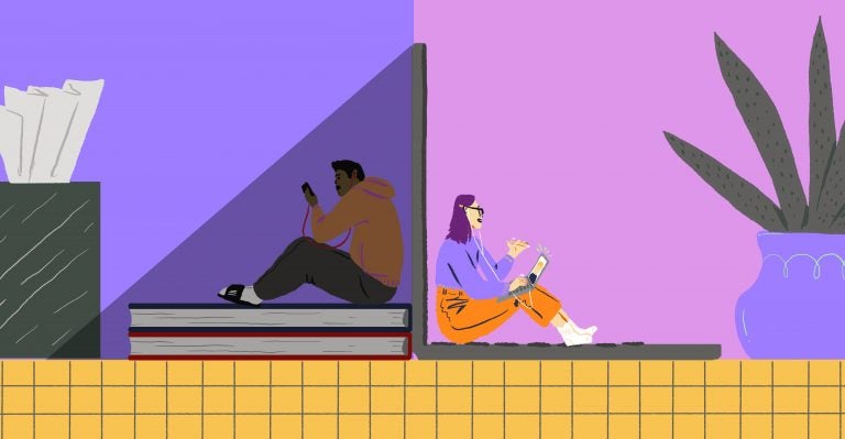 An illustration of students sitting on opposite sides of a laptop, looking at their phones.