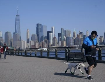 A man jogs with his dog at Liberty State Park in Jersey City