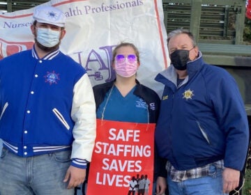 Scott Smith, right, and Scott Smith Jr., left, both seafarer union members, supported Julia Smith in her fight for safe staffing at St. Mary Medical Center in Langhorne. (Courtesy of Julia Smith) 