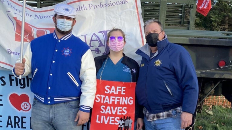 Scott Smith, right, and Scott Smith Jr., left, both seafarer union members, supported Julia Smith in her fight for safe staffing at St. Mary Medical Center in Langhorne. (Courtesy of Julia Smith) 
