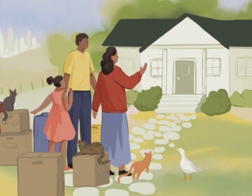 An illustration of a family in front of a home with moving boxes