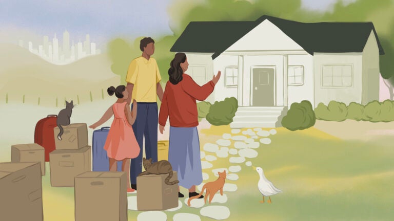 An illustration of a family in front of a home with moving boxes