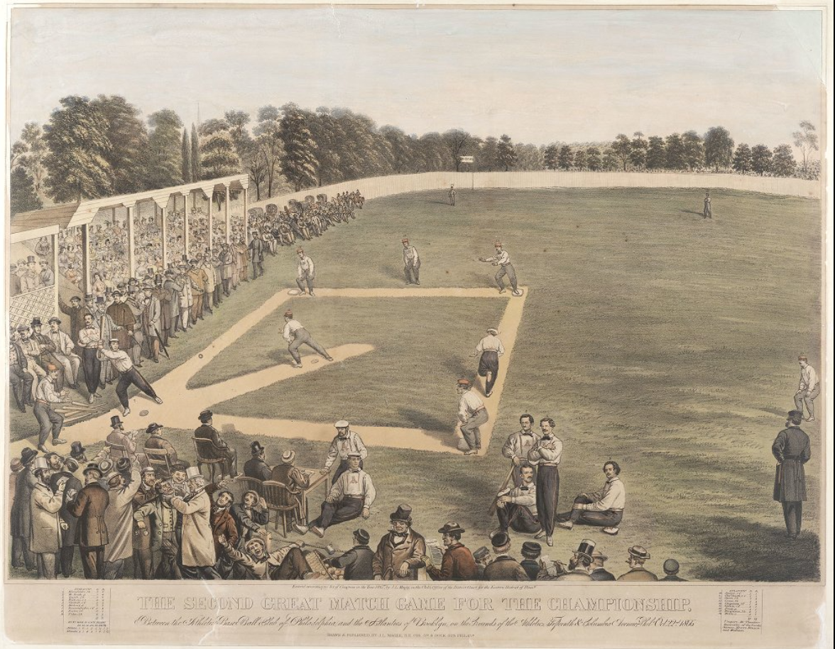 An artist's rendering of the Philadelphia Athletics playing in 1866