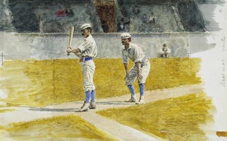 A painting of Philadelphia Athletics players practicing in 1875