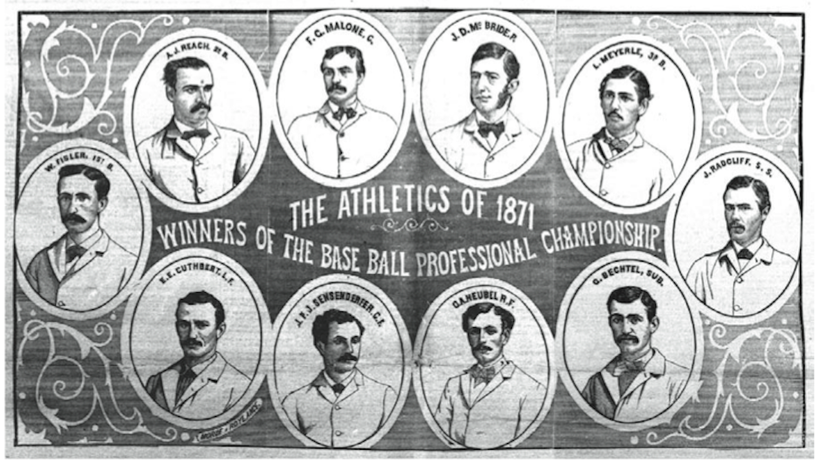 A notice in the New York Clipper announcing the Philadelphia Athletics as the inaugural champions of the National Association of Professional Base Ball Players
