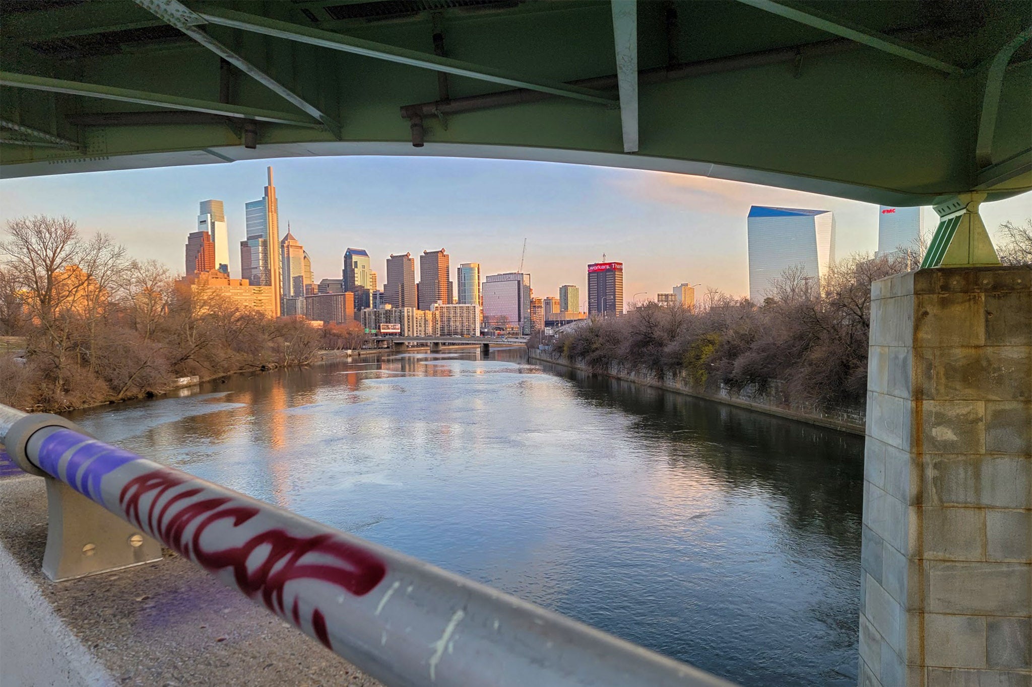 The Philly skyline as seen from a bridge