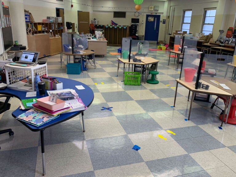 Desks are spaced apart in Samantha Rutherford's classroom