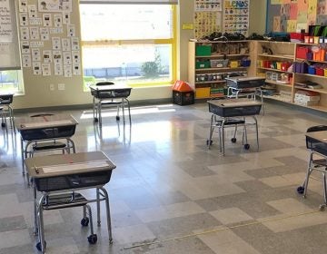 Desks are spaced out 6-feet apart in a classroom (Avi Wolfman-Arent/WHYY)