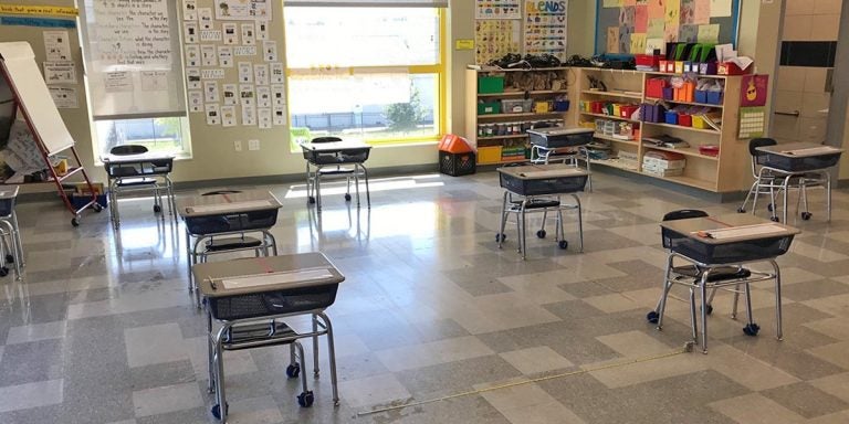 Desks are spaced out 6-feet apart in a classroom (Avi Wolfman-Arent/WHYY)