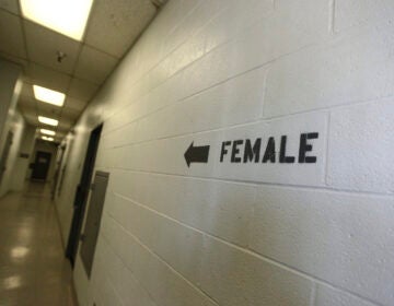 A sign points toward the women's section of the Huntington Beach jail