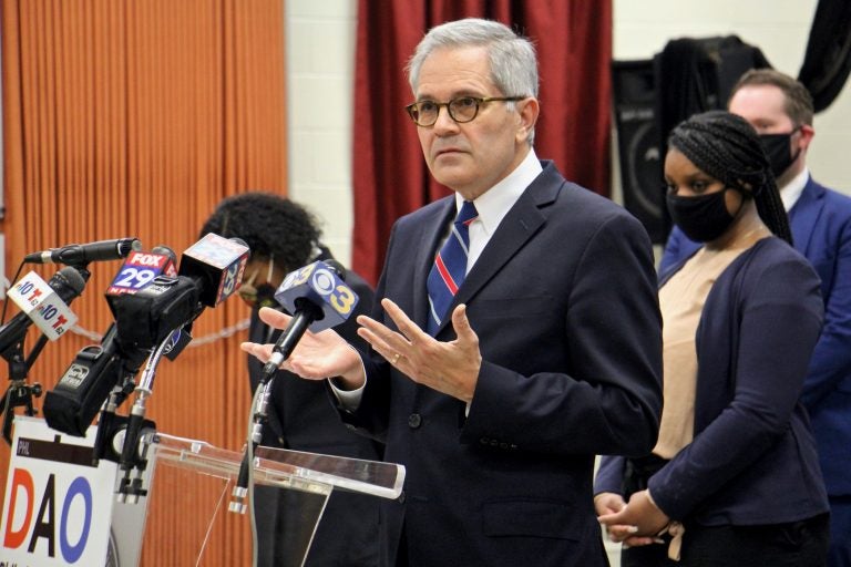 Philadelphia District Attorney Larry Krasner speaks during a press conference