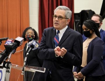 Philadelphia District Attorney Larry Krasner speaks during a press conference