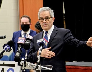 Philadelphia District Attorney Larry Krasner speaks during a press conference