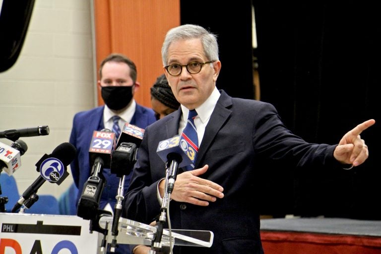 Philadelphia District Attorney Larry Krasner speaks during a press conference