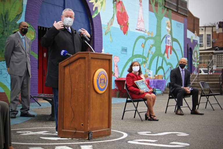 Philadelphia Mayor Jim Kenney announces the launch of Safe Routes Philly, the city’s bicycle and pedestrian safety education program, at William Cramp School on April 12, 2021. (Emma Lee/WHYY)