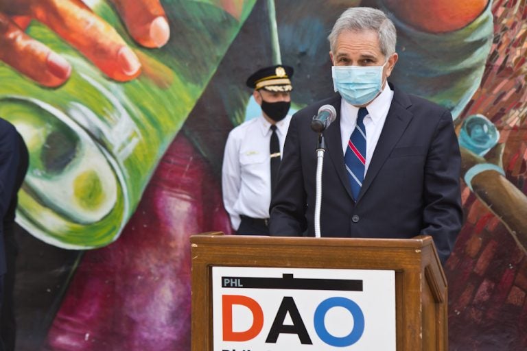 Philadelphia District Attorney Larry Krasner and the Philadelphia Gun Violence Task Force provided details on an investigation into shootings in Southwest Philadelphia on April 15, 2021. (Kimberly Paynter/WHYY)