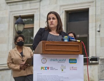 Leigh Anne McKelvey is the executive director of CASA Youth Advocates. She joined other advocates on the steps of the Delaware County Courthouse to push for more reforms in the wake of abuse at the Delaware County Juvenile Detention Center. (Kimberly Paynter/WHYY)