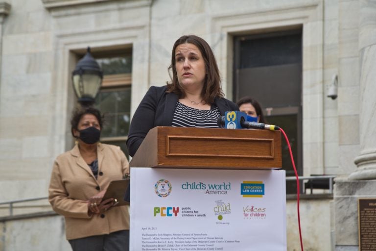 Leigh Anne McKelvey is the executive director of CASA Youth Advocates. She joined other advocates on the steps of the Delaware County Courthouse to push for more reforms in the wake of abuse at the Delaware County Juvenile Detention Center. (Kimberly Paynter/WHYY)