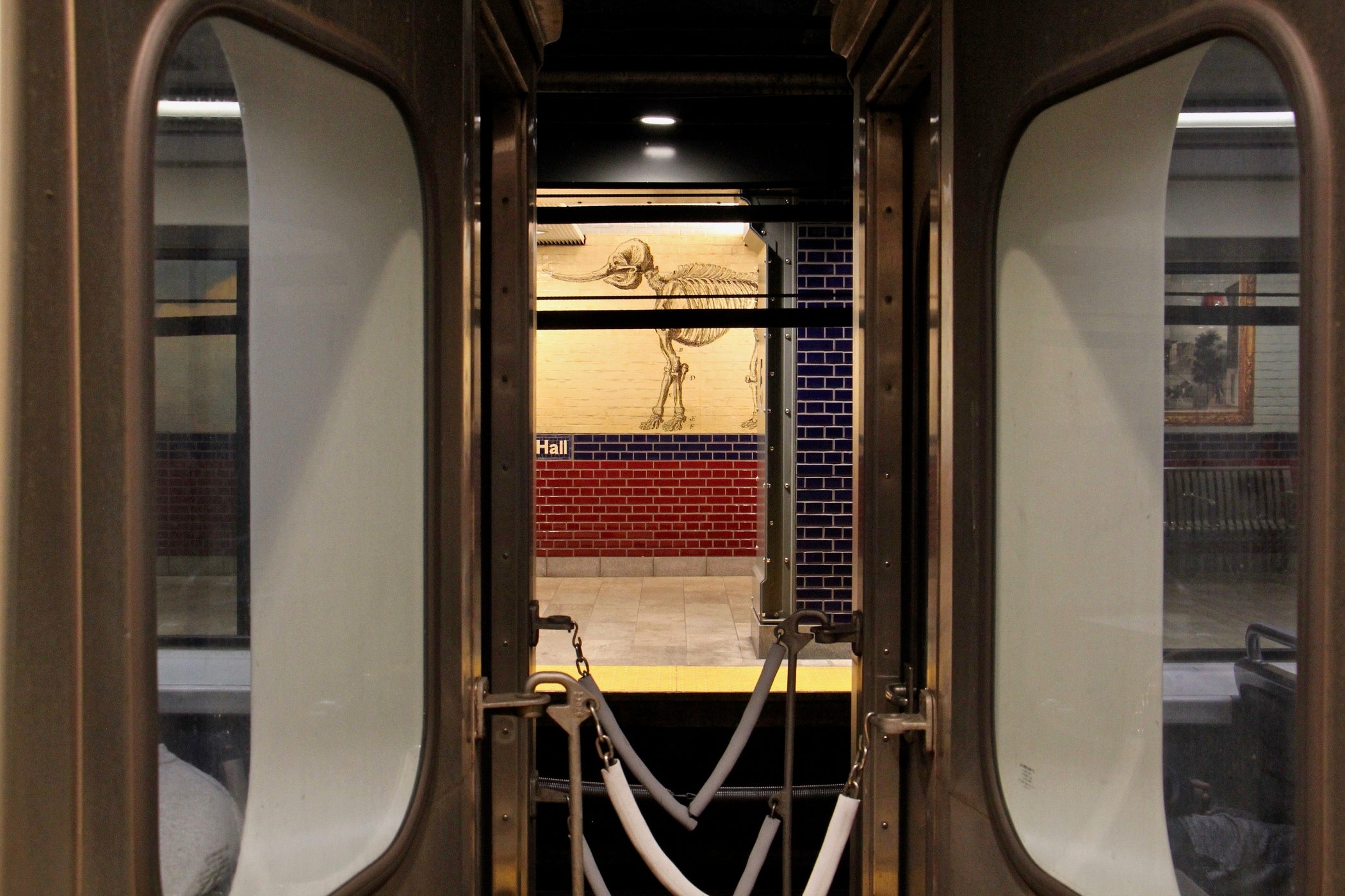 Rembrandt Peale's 1801 drawing of a mastadon skeleton is visible between cars at the Independence Hall SEPTA Station. (Emma Lee/WHYY)