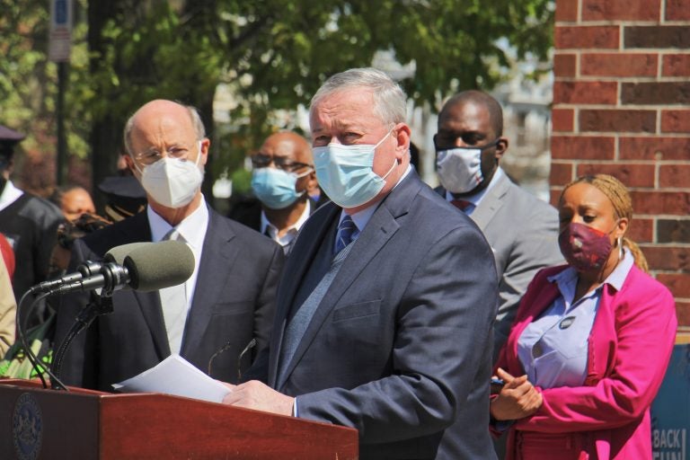 Mayor Jim Kenney addresses the media alongside a group of other state and local leaders