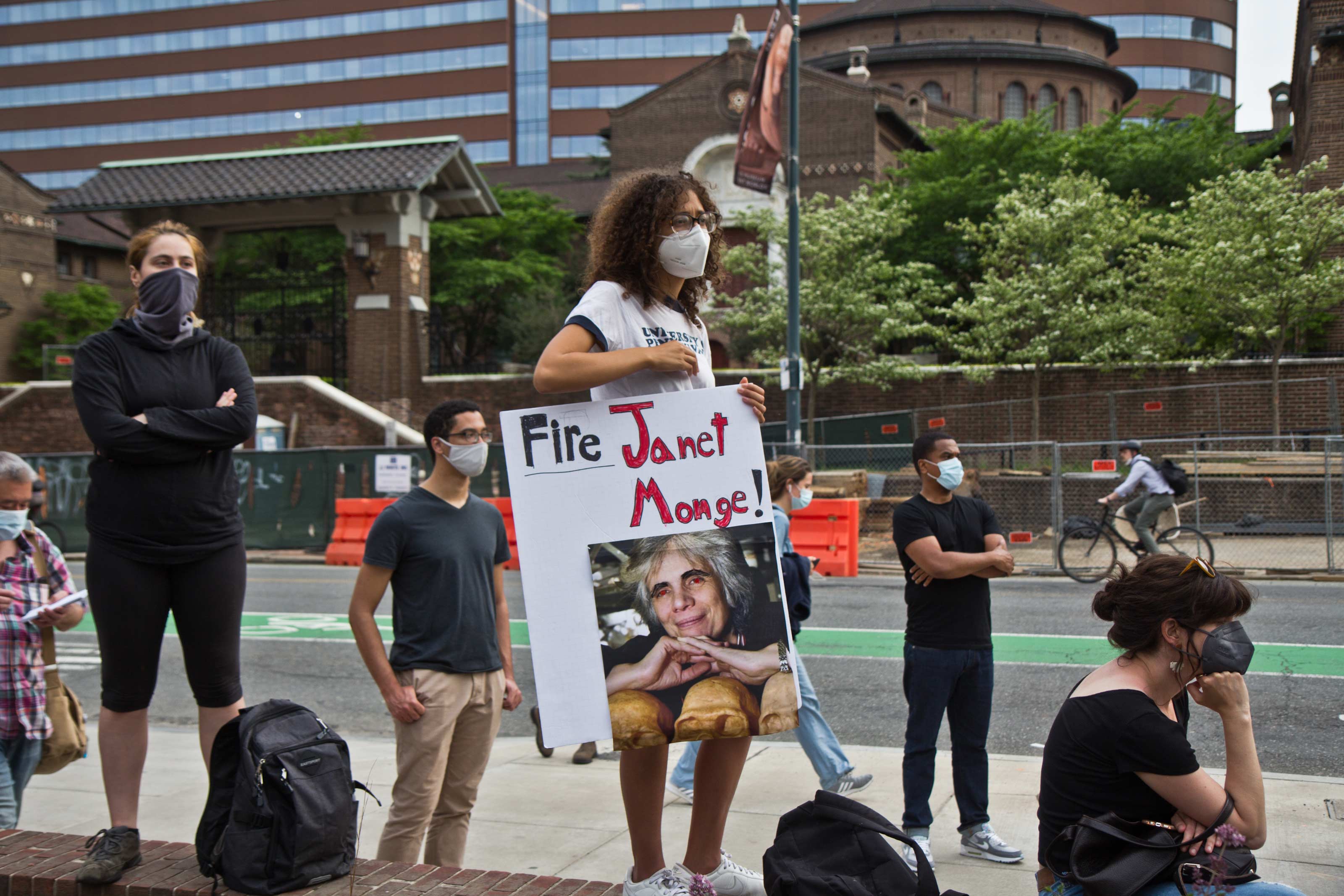 Protesters called for the firing of Penn Museum’s Janet Monge, at a protest outside the Penn Museum on April 28, 2021. (Kimberly Paynter/WHYY)