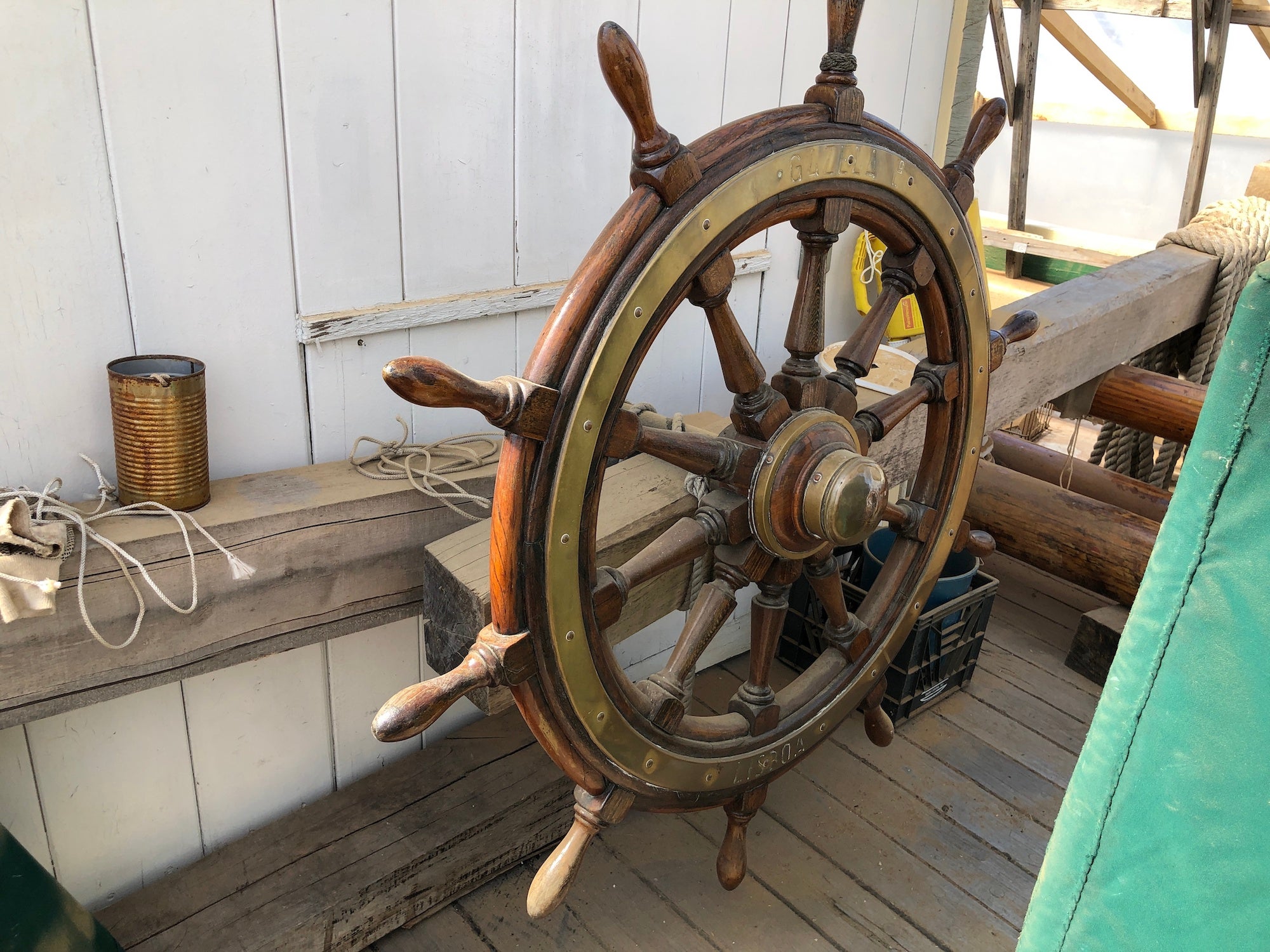 The ship's wheel close up.