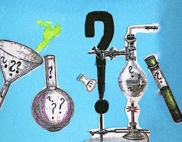 Illustration of beakers and laboratory science equipment with question marks