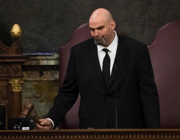 Lt. Gov. John Fetterman gavels in a joint session of the Pennsylvania House and Senate before Democratic Gov. Tom Wolf delivers his budget address for the 2019-20 fiscal year, Harrisburg, Pa., Tuesday, Feb. 5, 2019. (AP Photo/Matt Rourke)