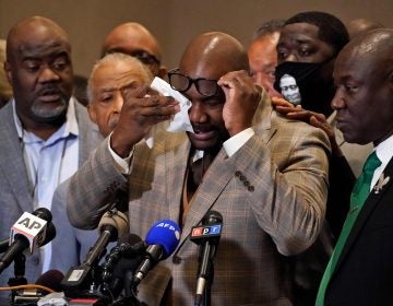 George Floyd's brother Philonise Floyd wipes his eyes during a news conference, Tuesday, April 20, 2021, in Minneapolis, after the verdict was read in the trial of former Minneapolis Police officer Derek Chauvin for the murder of George Floyd. (AP Photo/Julio Cortez)