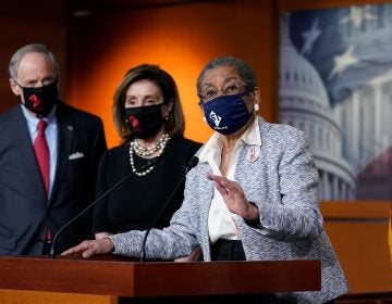 In this April 21, 2021, photo, Del. Eleanor Holmes-Norton, D-D.C., center, joined from left by Sen. Tom Carper, D-Del., and House Speaker Nancy Pelosi, D-Calif., speaks at a news conference ahead of the House vote on H.R. 51- the Washington, D.C. Admission Act, on Capitol Hill in Washington (AP Photo/J. Scott Applewhite)