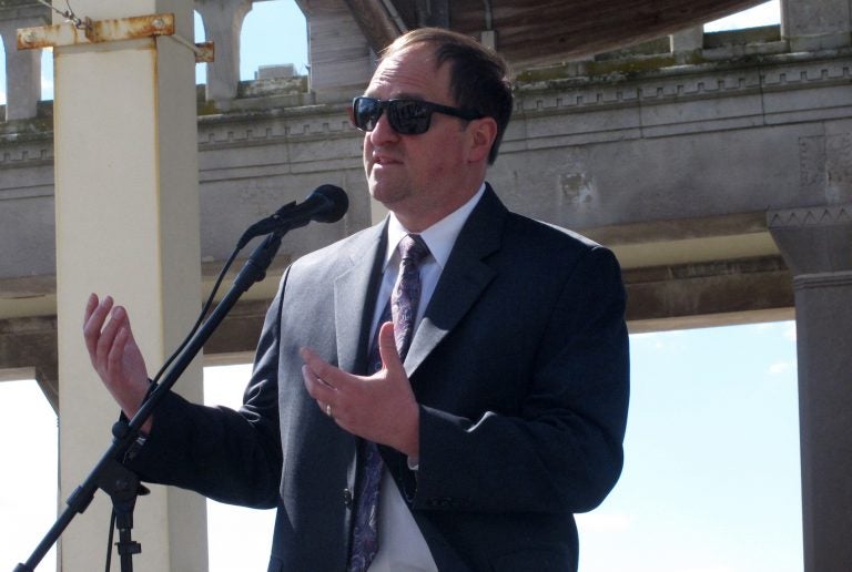 Michael Chait, president of the Greater Atlantic City Chamber of Commerce, speaks at a press conference on the Atlantic City, N.J. Boardwalk on April 30, 2021 at which he and other business and political officials called on New Jersey Gov. Phil Murphy to ease coronavirus restrictions enough to allow conventions and trade shows to resume in Atlantic City. (AP Photo/Wayne Parry)