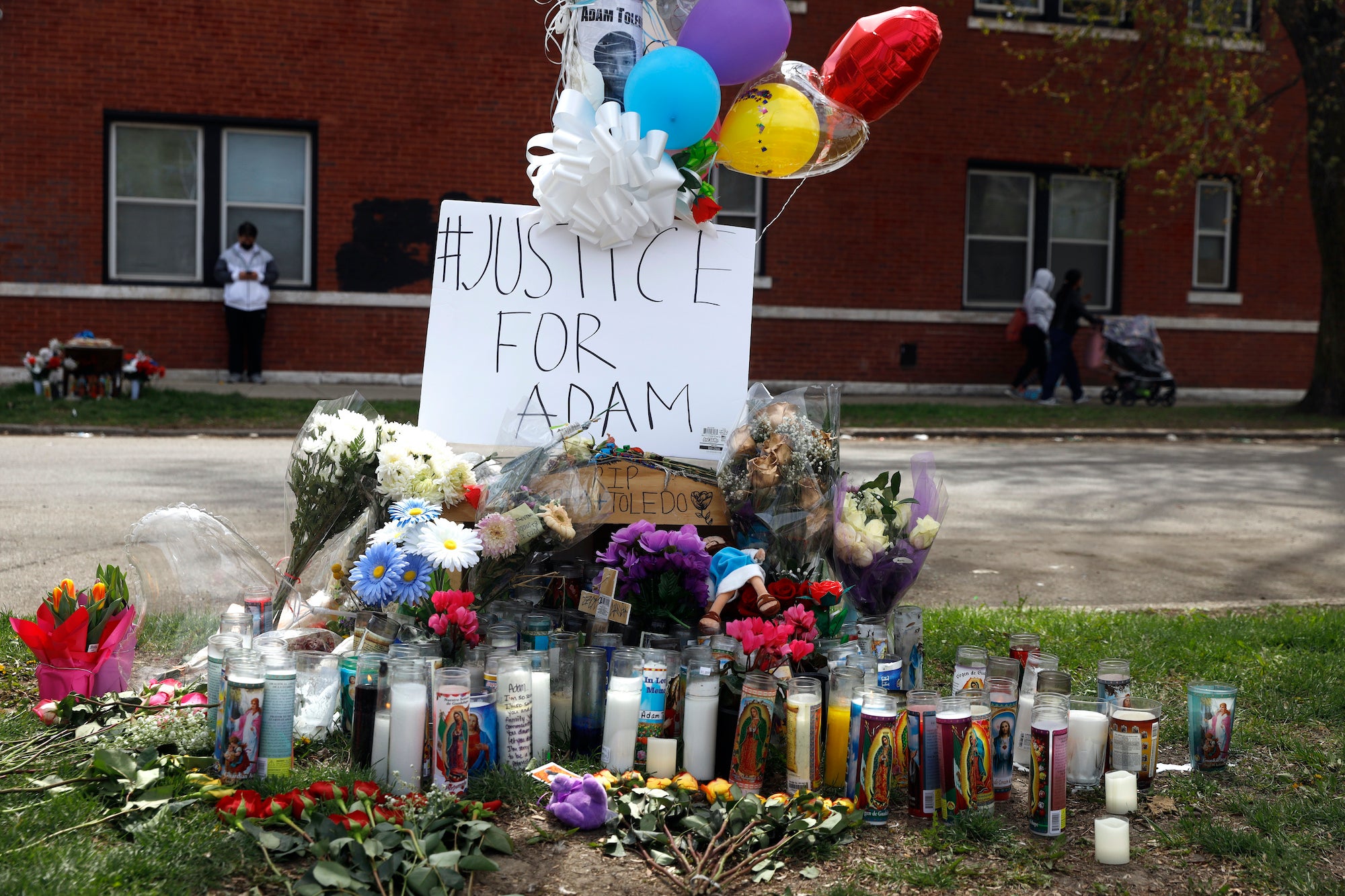 A memorial near the spot where 13-year-old Adam Toledo was shot by a police officer in Chicago's Little Village neighborhood