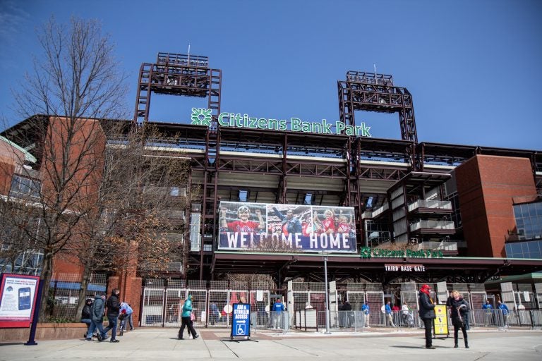 Phillies fans arrive for opening day at Citizens Bank Park on April 1, 2021. (Kimberly Paynter/WHYY)