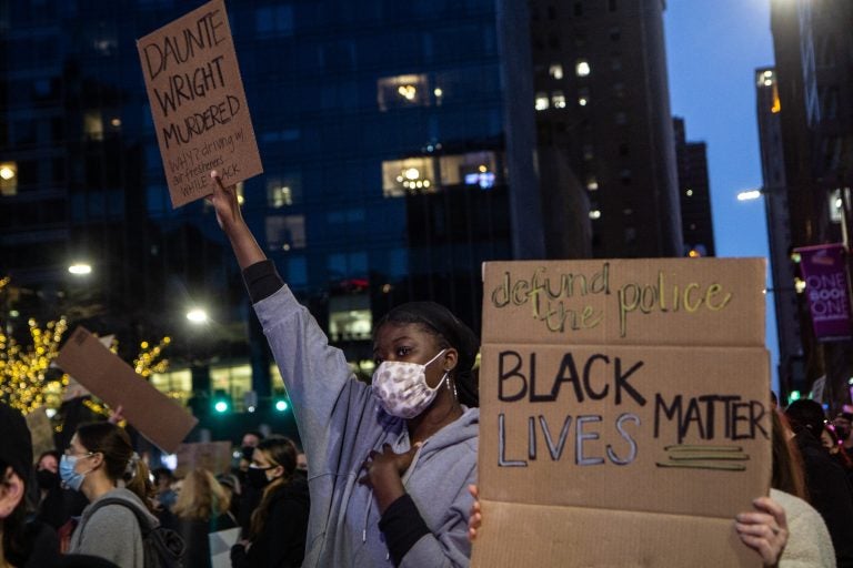 Protesters demanding justice for Daunte Wright, a 20-year-old Black man killed by police near Minneapolis marched through Center City, Philadelphia on April 13, 2021. (Kimberly Paynter/WHYY)