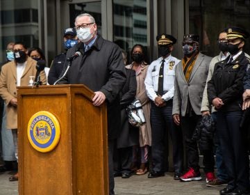 Philadelphia Mayor Jim Kenney was joined by community leaders, police leadership, business owners and faith leaders to announce resources and planning in advance of the verdict in the murder trial of Derek Chauvin. (Kimberly Paynter/WHYY)