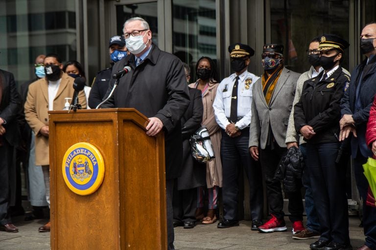 Philadelphia Mayor Jim Kenney was joined by community leaders, police leadership, business owners and faith leaders to announce resources and planning in advance of the verdict in the murder trial of Derek Chauvin. (Kimberly Paynter/WHYY)