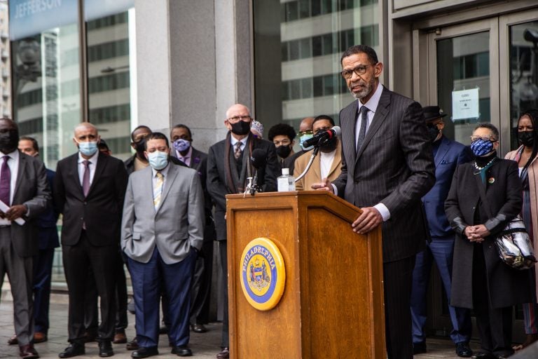 Philadelphia Commerce Director Michael Rashid joined other city leaders to announce plans and resources available in advance of the verdict in the murder trial of Derek Chauvin. (Kimberly Paynter/WHYY)