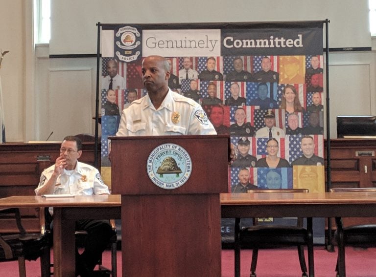 Norristown Police Chief Mark Talbot addressed 50 community members Sunday after a melee between about 50 to 100 minors and police officers at a church fair the night before. Video of the incident shows one officer putting a young girl in a chokehold. (Katie Colaneri/WHYY)