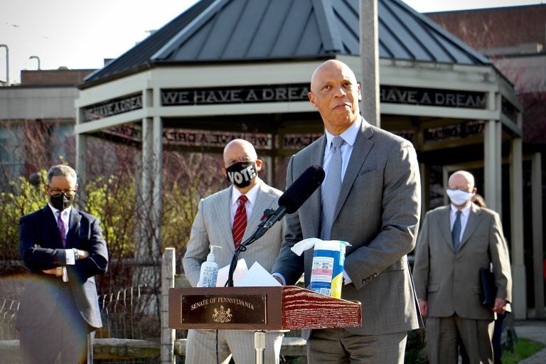 Philadelphia schools Superintendent William Hite calls for equitable school funding during a press conference at Martin Luther King High School. He was joined by District Attorney Larry Krasner, Philadelphia Mayor Jim Kenney, State Senator Vincent Hughes and other officials calling for the adoption of Gov. Tom Wolf's proposed fair school funding formula. (Emma Lee/WHYY)