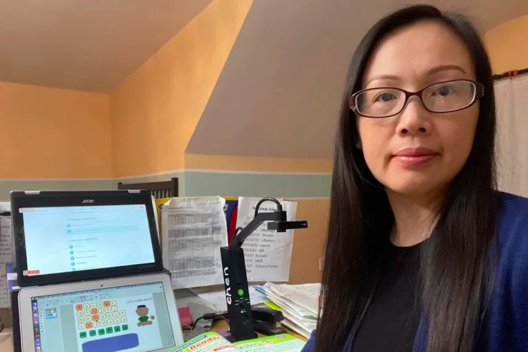 Shuxin Chen, who teachers English language learners at McCall elementary school, has had to adjust to teaching her students over a laptop from her home. (Shuxin Chen)
