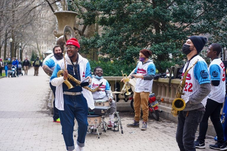 SnackTime, a Philadelphia 10-man brass band playing in Rittenhouse Park. (Photo Courtesy of SnackTime)