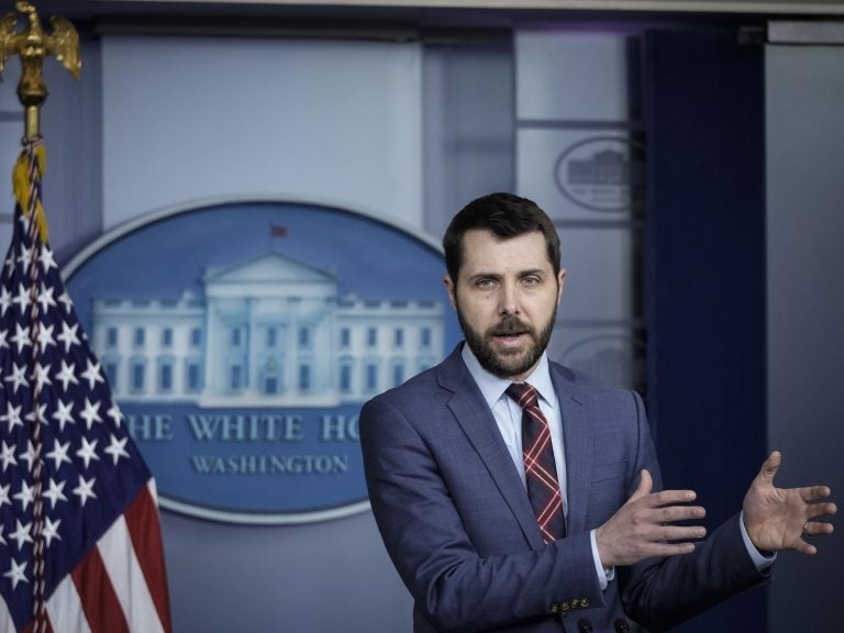 Brian Deese, director of the White House National Economic Council, speaks to reporters at the White House Monday about the American Families Plan. (Drew Angerer/Getty Images)